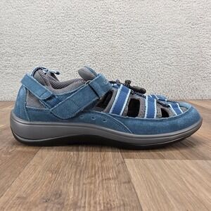 OrthoFeet Women's 8.5 B Blue Leather‎ Adjustable Strap Outdoor Sandals